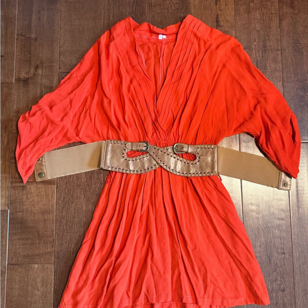 Women's Orange V-Neck Top with Belt